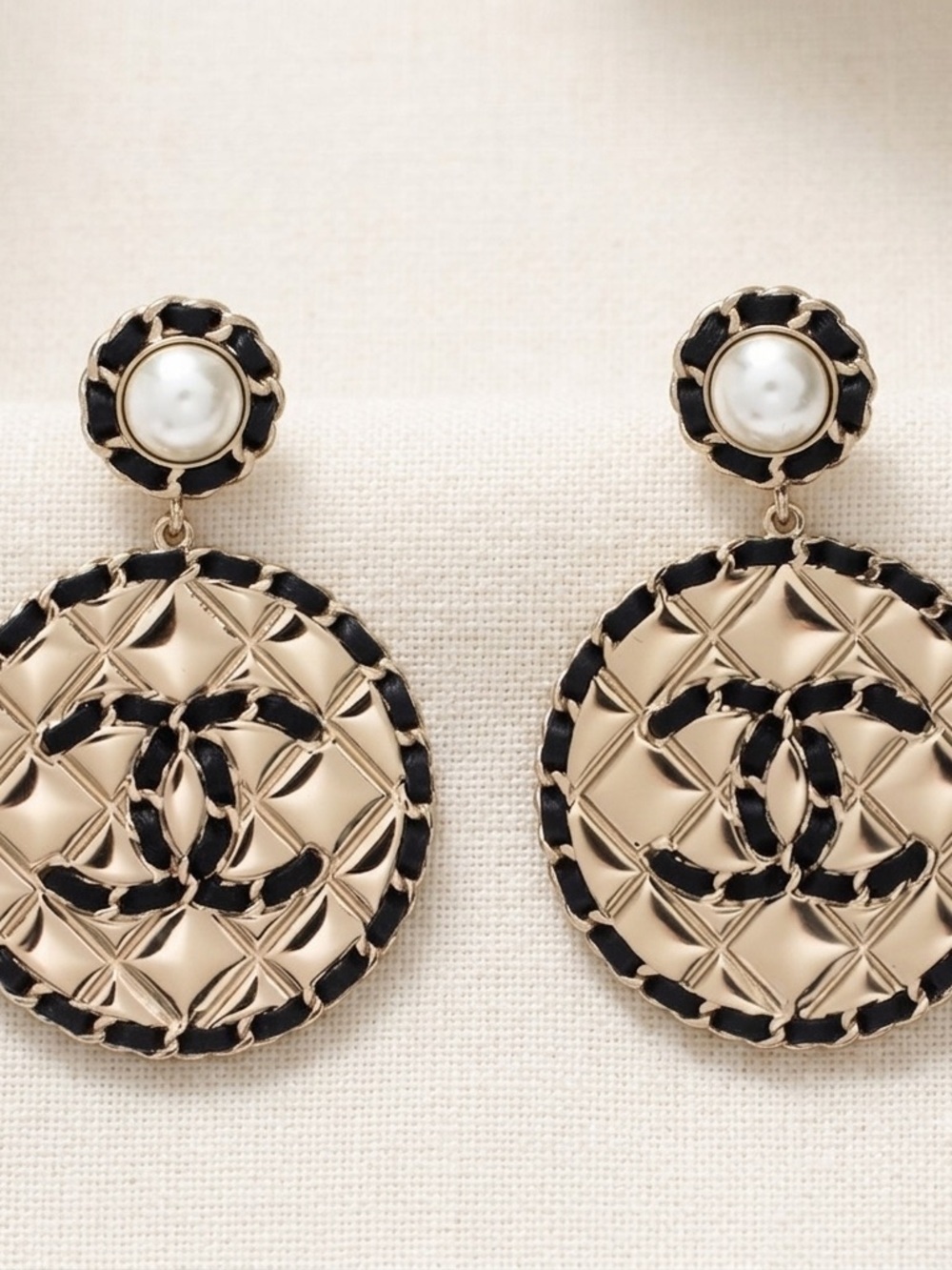 CHANEL XL Gold and Black Quilted Drop Medallion Earrings with Pearl Center